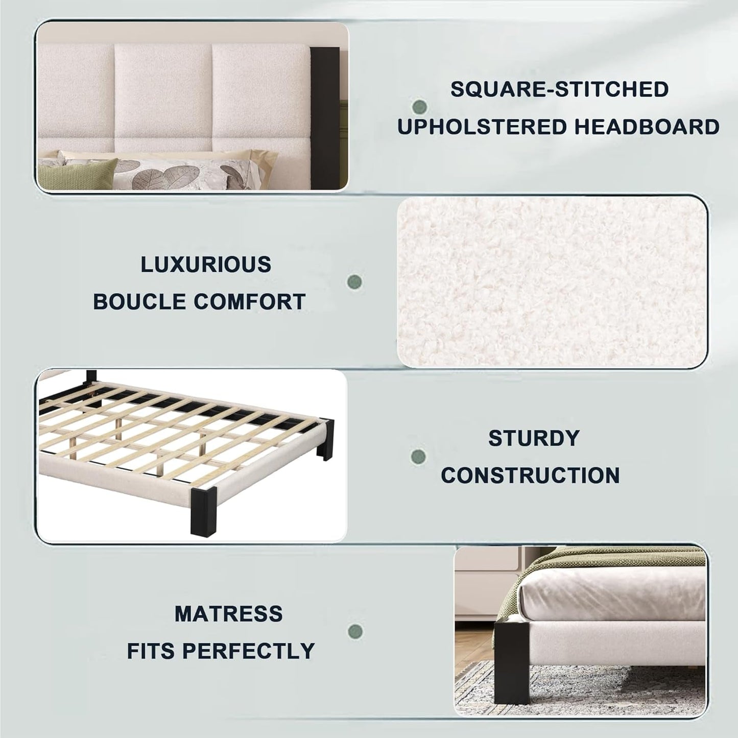 King Size Beige Boucle Upholstered Bed Frame With Solid Wood Slat Support