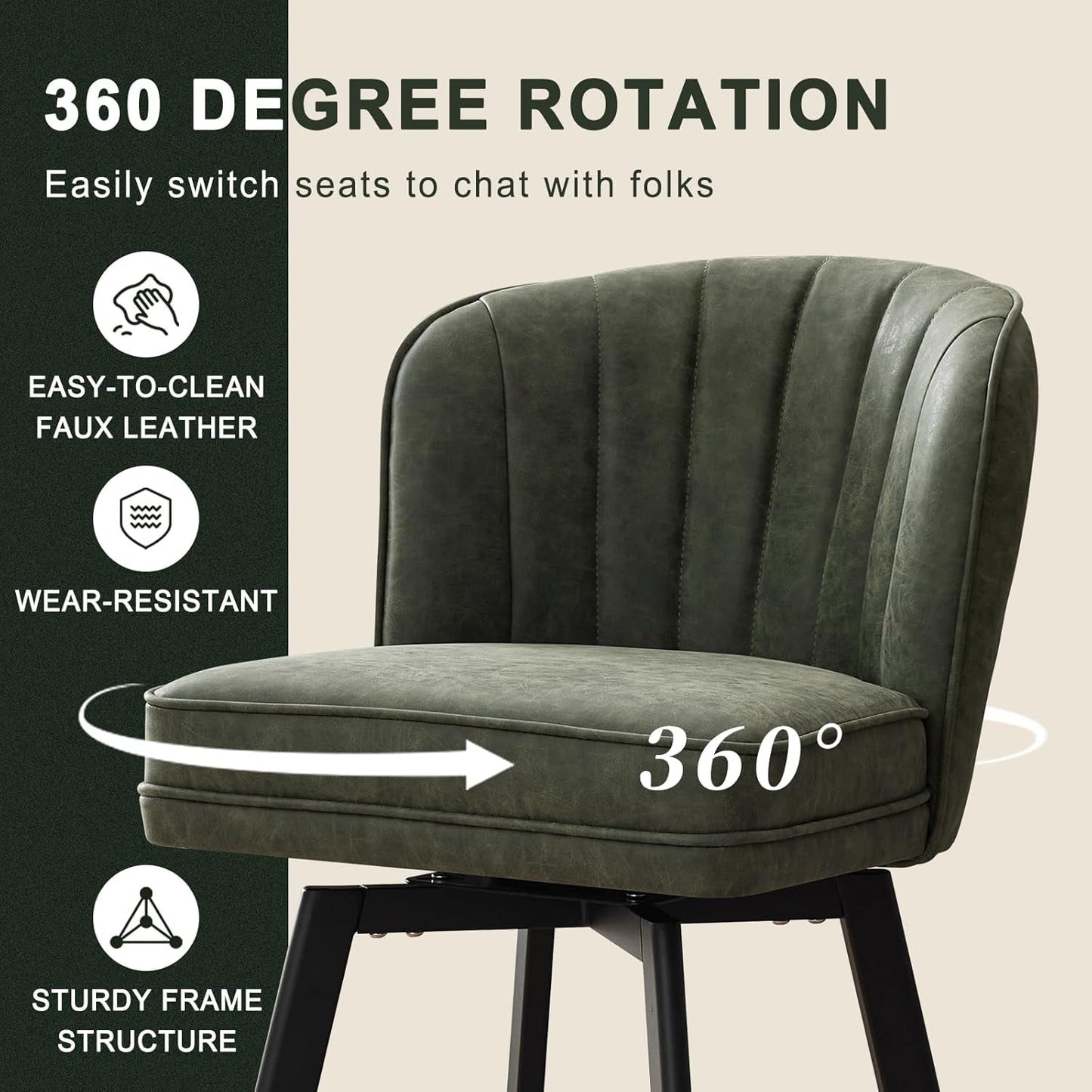 Swivel Counter Height Bar Stools Green Faux Leather featuring 360-degree rotation and easy-to-clean fabric.