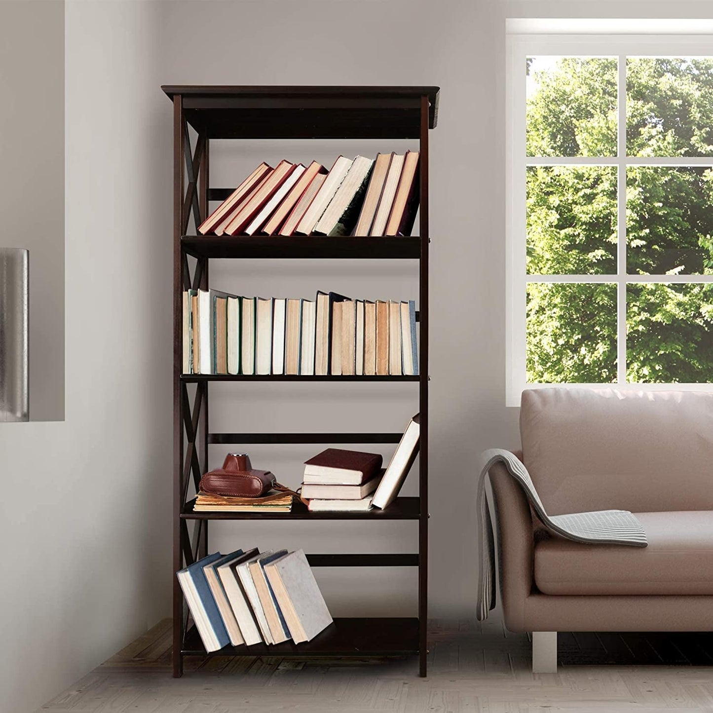 Espresso Montego Five Shelf Bookcase With X Design