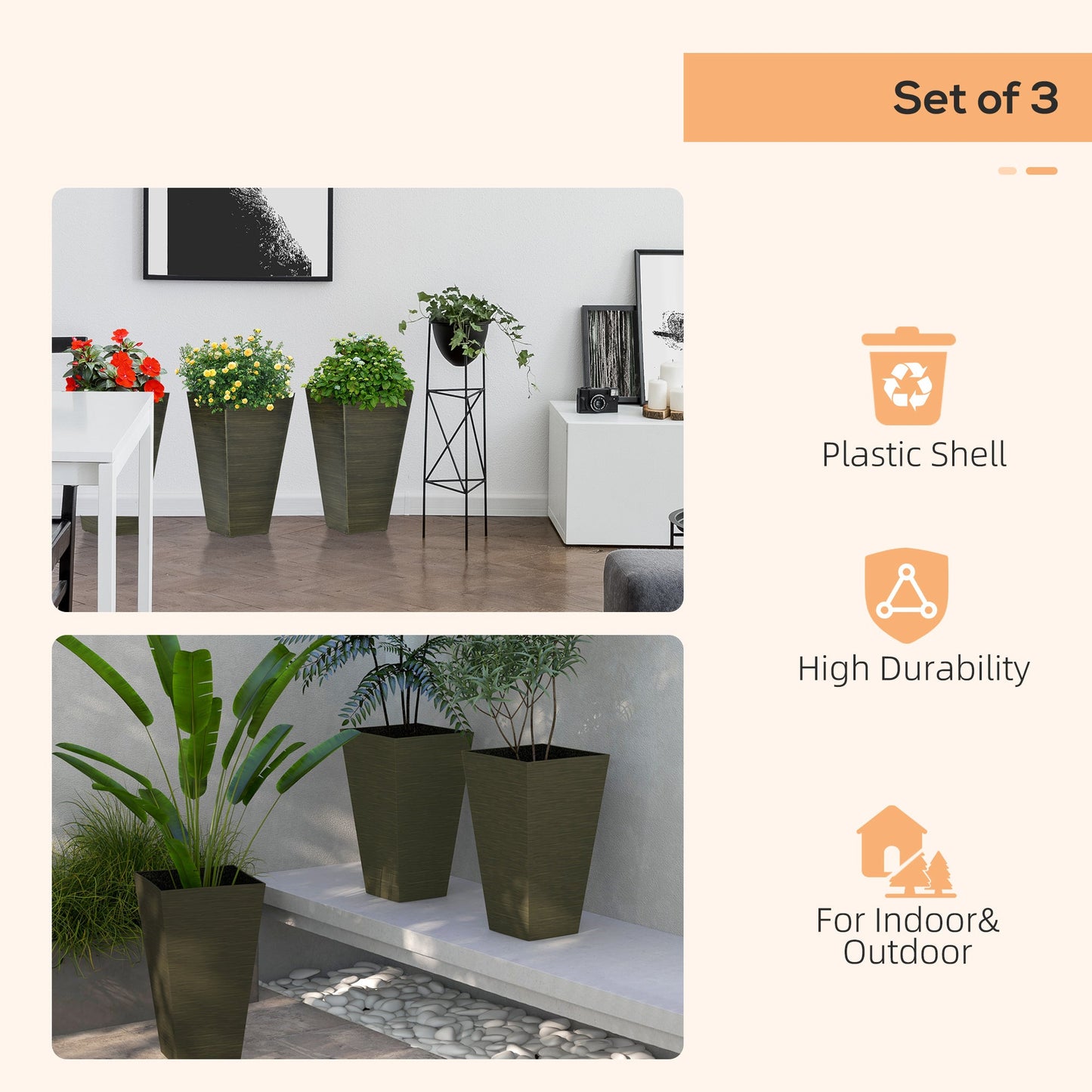 Outsunny 28' Tall Outdoor Planters, Set of 3 Large Taper Planters with Drainage Holes and Plug, Faux Wood Plastic Flower Pots for Outdoor, Indoor, Garden, Patio, Dark Brown