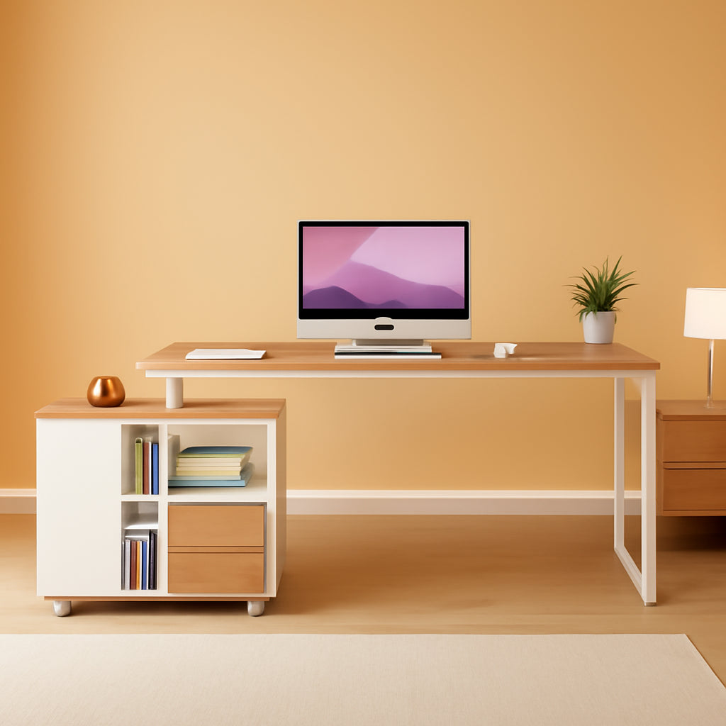 63 Inch L Desk With File Cabinet Walnut White Finish