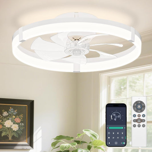 Flush Mount Ceiling Fan With Dimmable LED Lights White