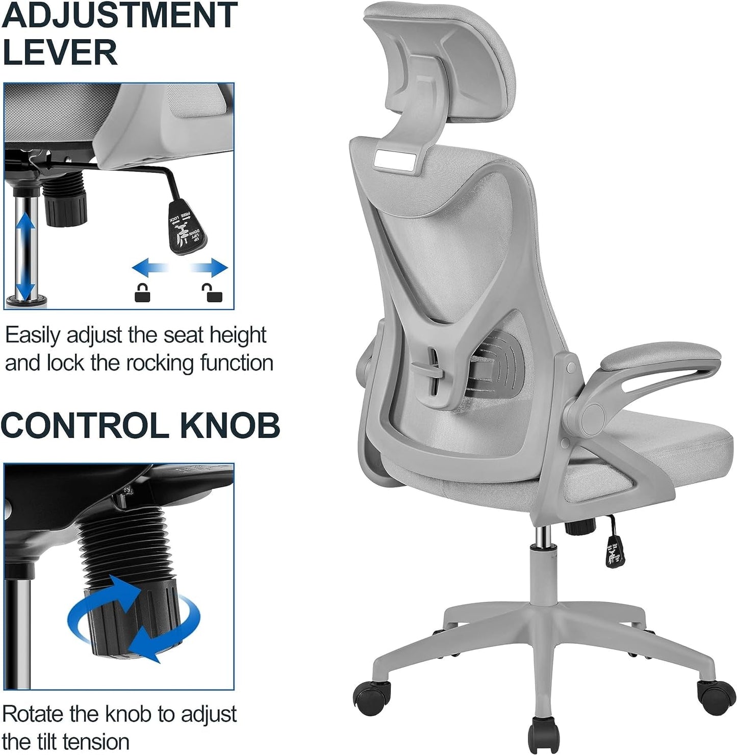 Ergonomic Mesh Office Chair With Flip Up Armrests Gray