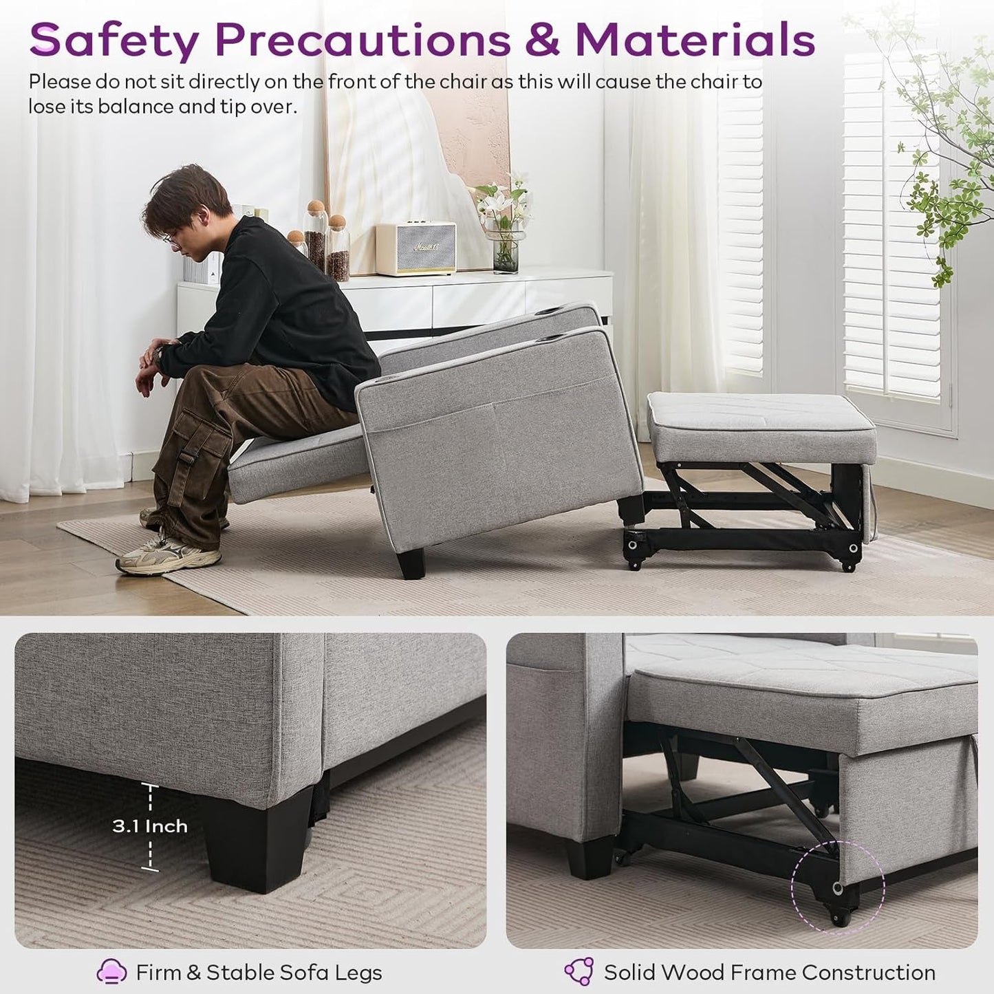 Charcoal Grey Convertible Sleeper Chair With USB Ports
