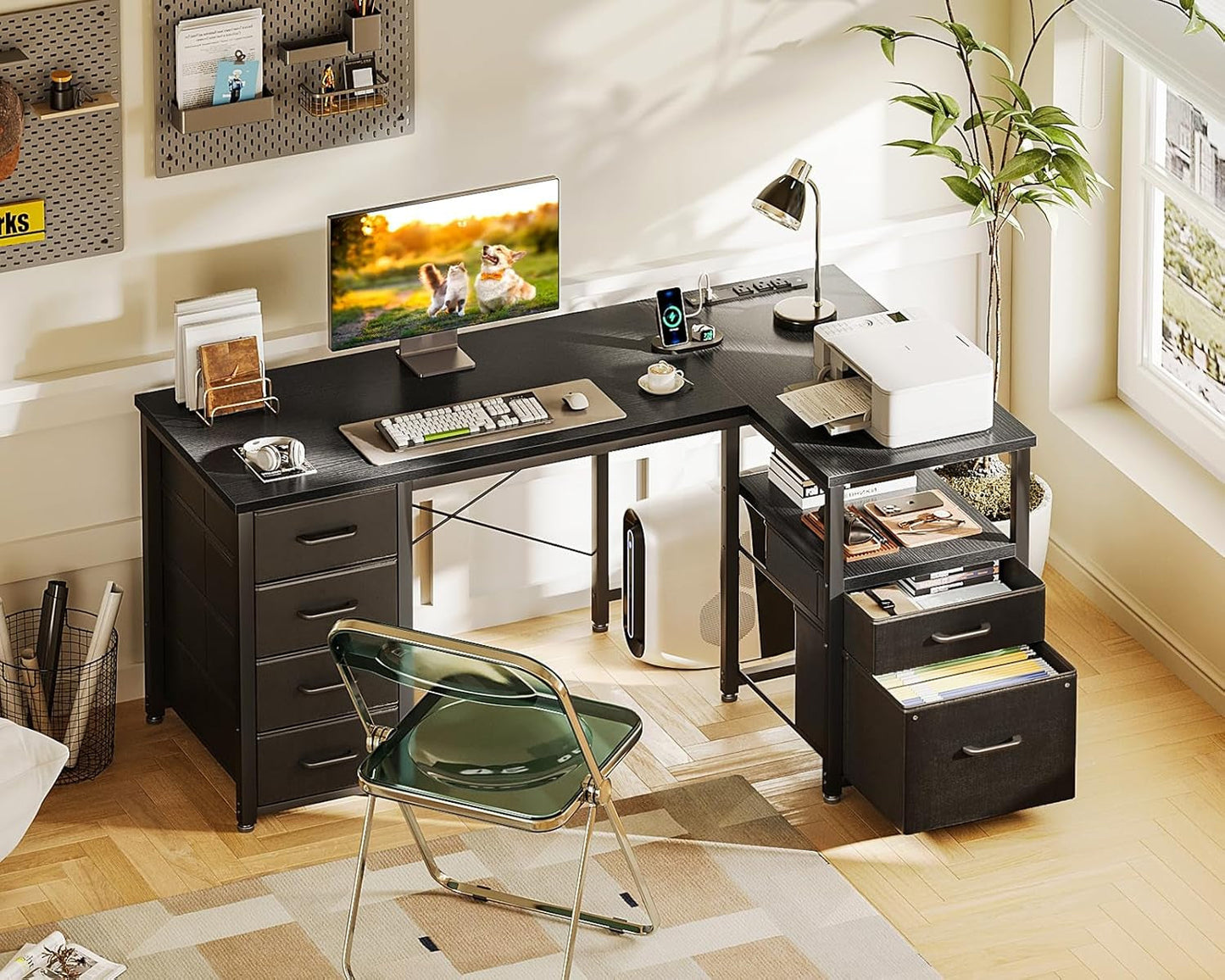 L Shaped Computer Desk 55 Inch With 6 Drawers Home Office
