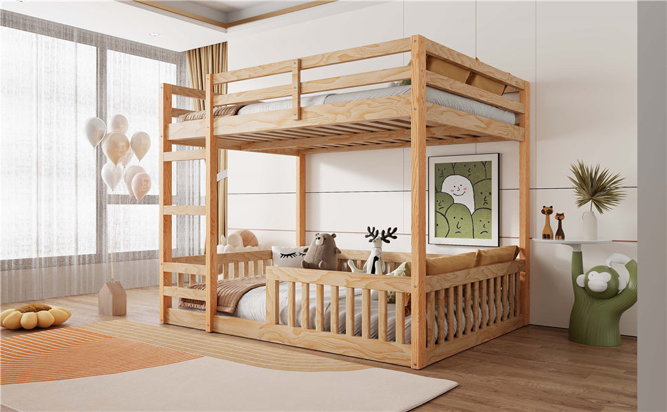 Full Over Full Wood Bunk Bed with Ladder and Guardrails