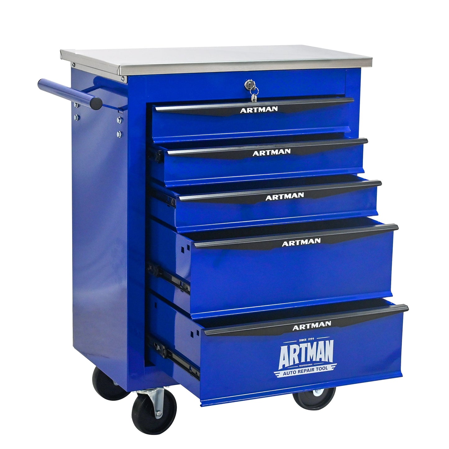 5 Drawers Multifunctional Tool Cart with Wheels,Metal Rolling Tool Cart Storage for Garage Workshop Warehouse Repair Shop--With Stainless Steel Roof- BLACK&BLUE