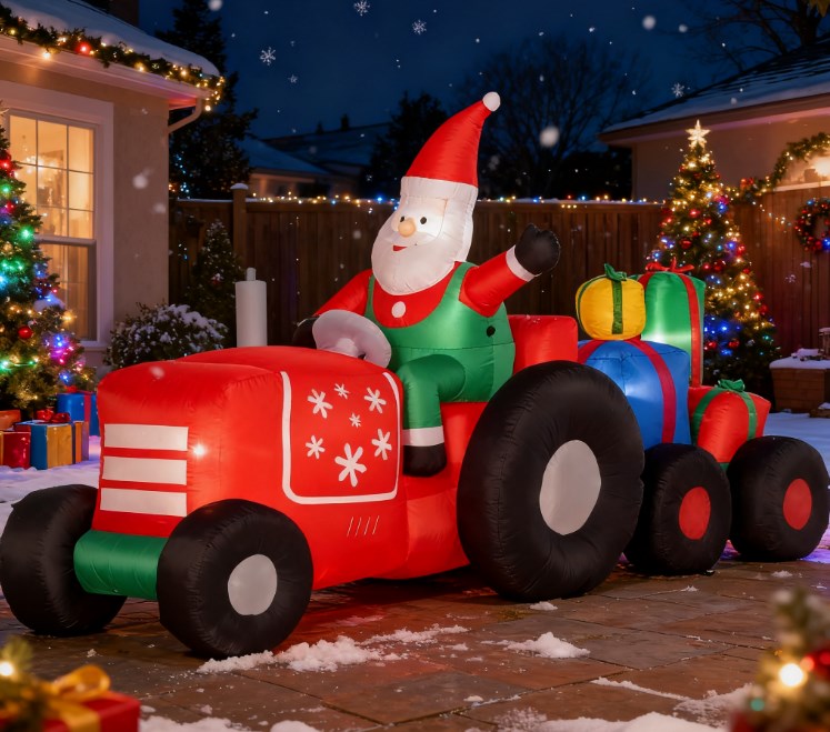 Inflatable Santa on Driving Trailer with Gift Load