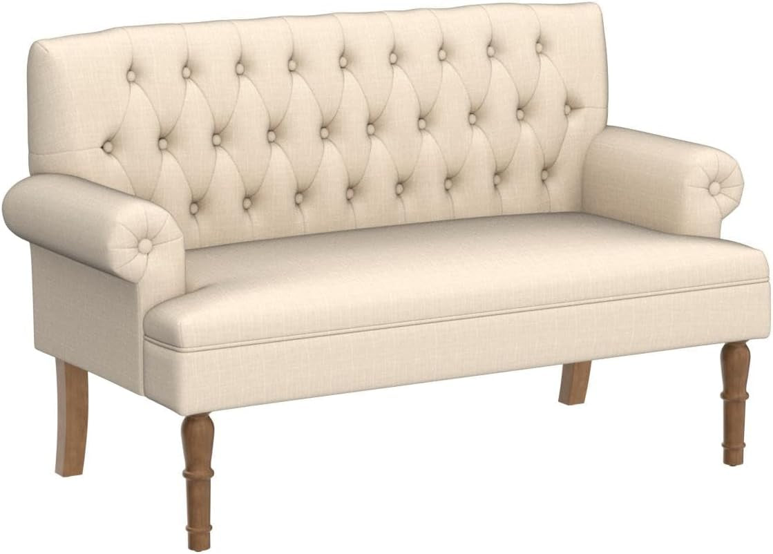 Beige Linen Loveseat Sofa With Sinuous Spring Support, features button-tufted upholstery and sturdy wooden legs.