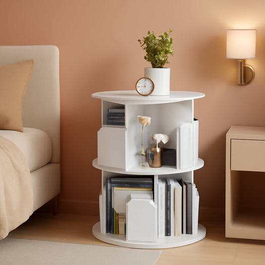 Rotating Bookshelf 2 Tier White Narrow Corner Swivel