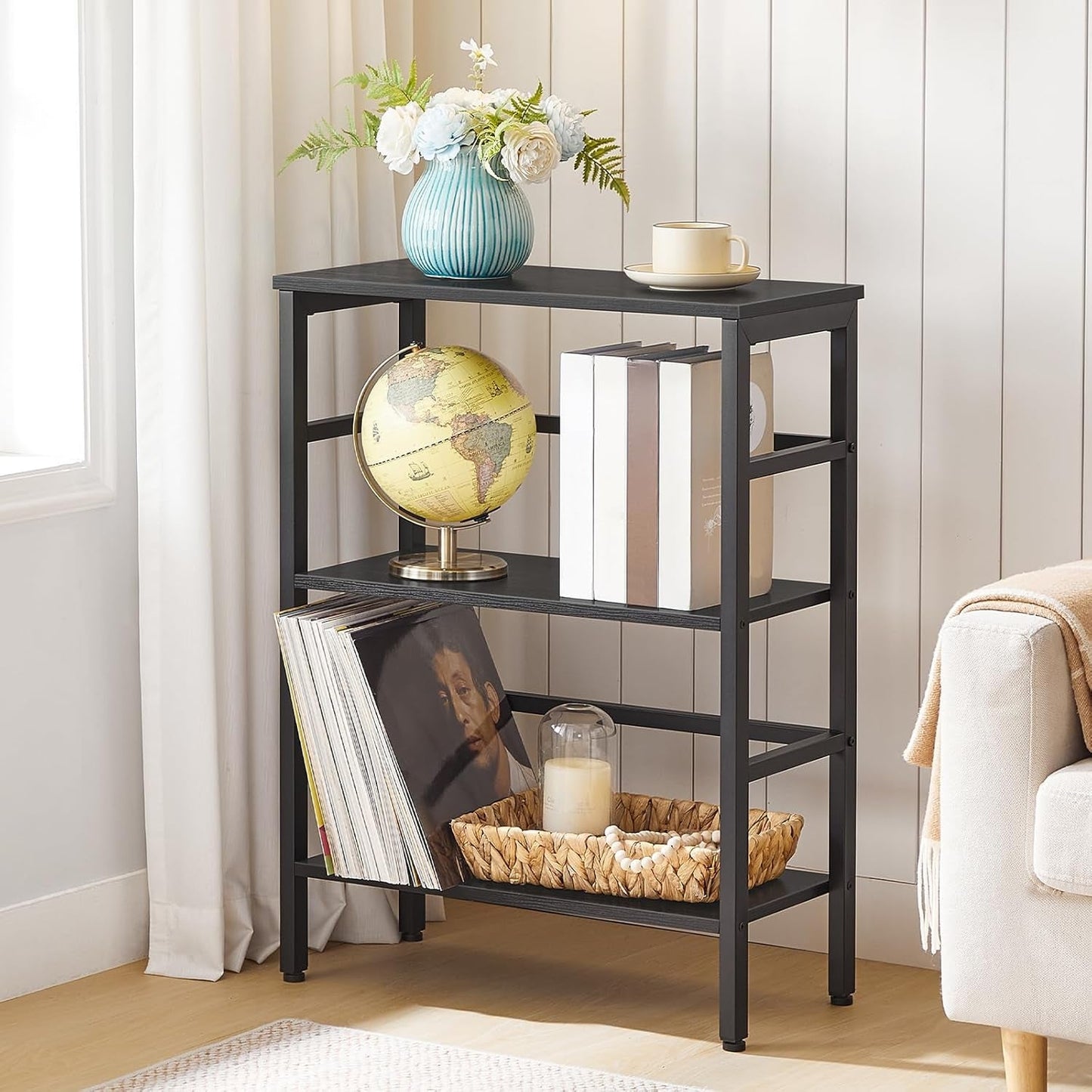 Three Tier Bookshelf Industrial Bookcase And Record Storage Rack With Side Fence Black Metal Frame Rustic Wood