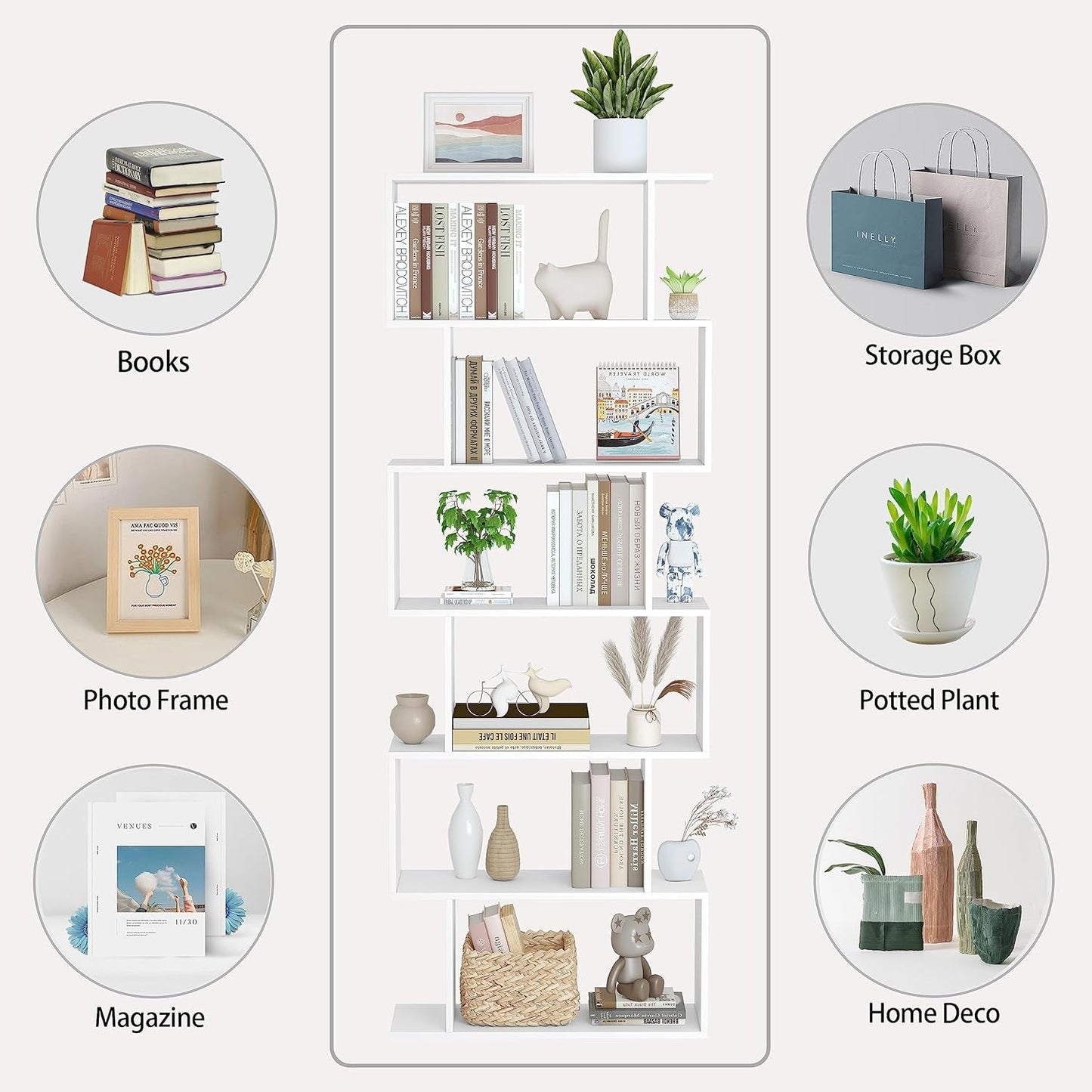 S Shaped Bookshelf White 6 Tier Display Bookcase Office