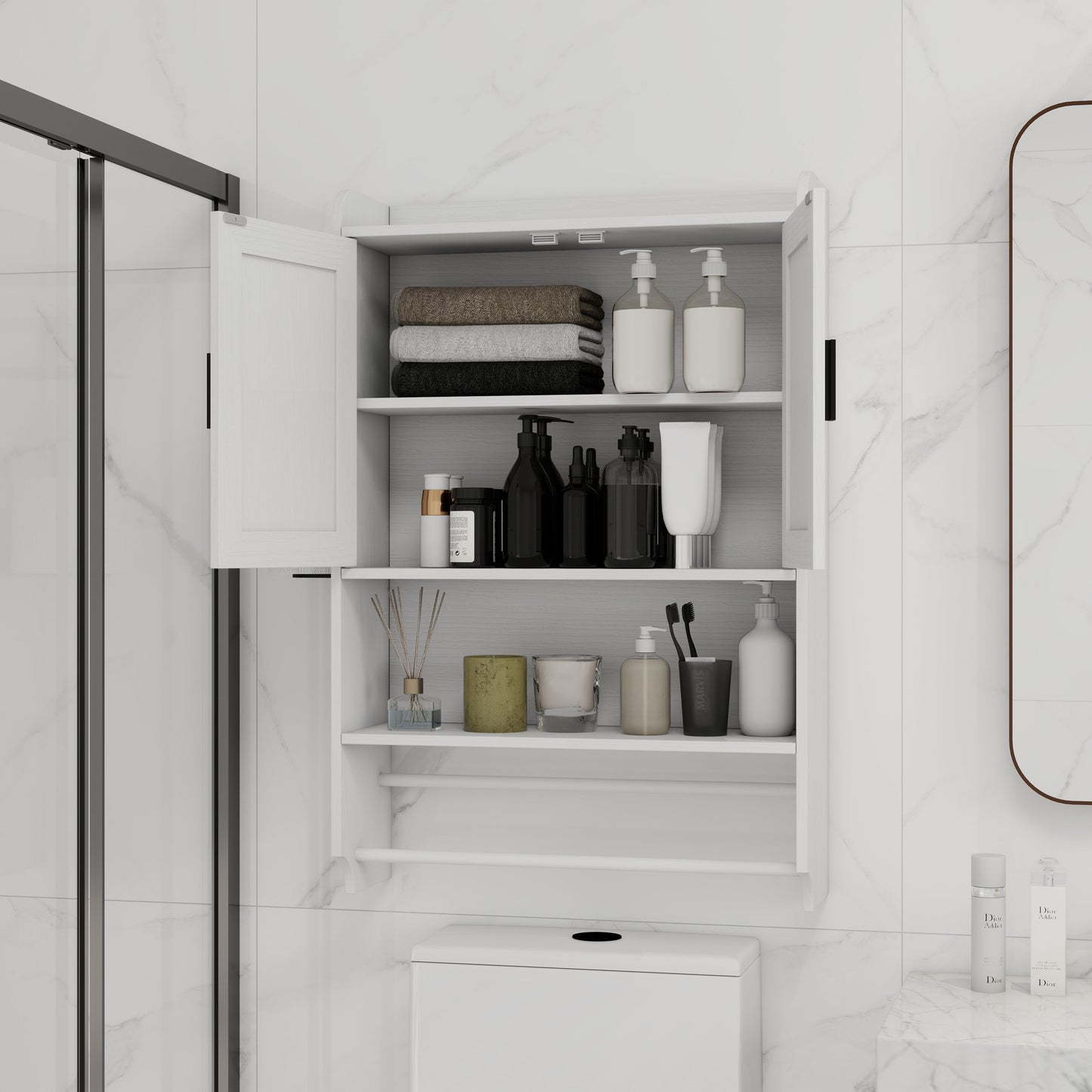 Bathroom Wall Cabinet with Doors, Adjustable Shelf, Towel Bar and Paper Holder