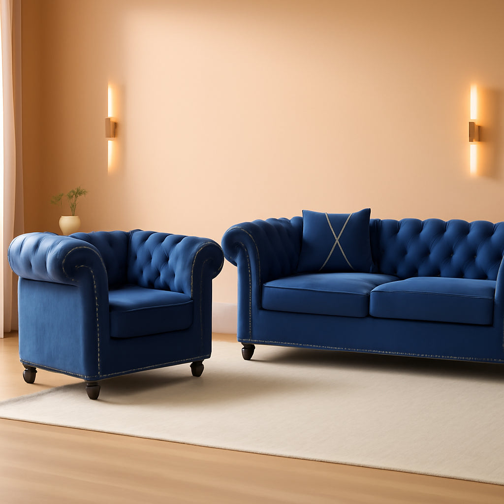 Blue Velvet 2 Piece Living Room Set Sofa Loveseat Chair For Living Room And Office