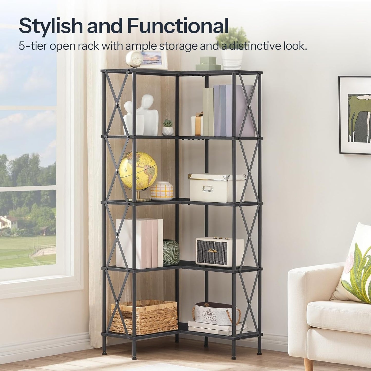 Corner Bookshelf 5 Tier L Shaped Industrial Open Display Shelf Black