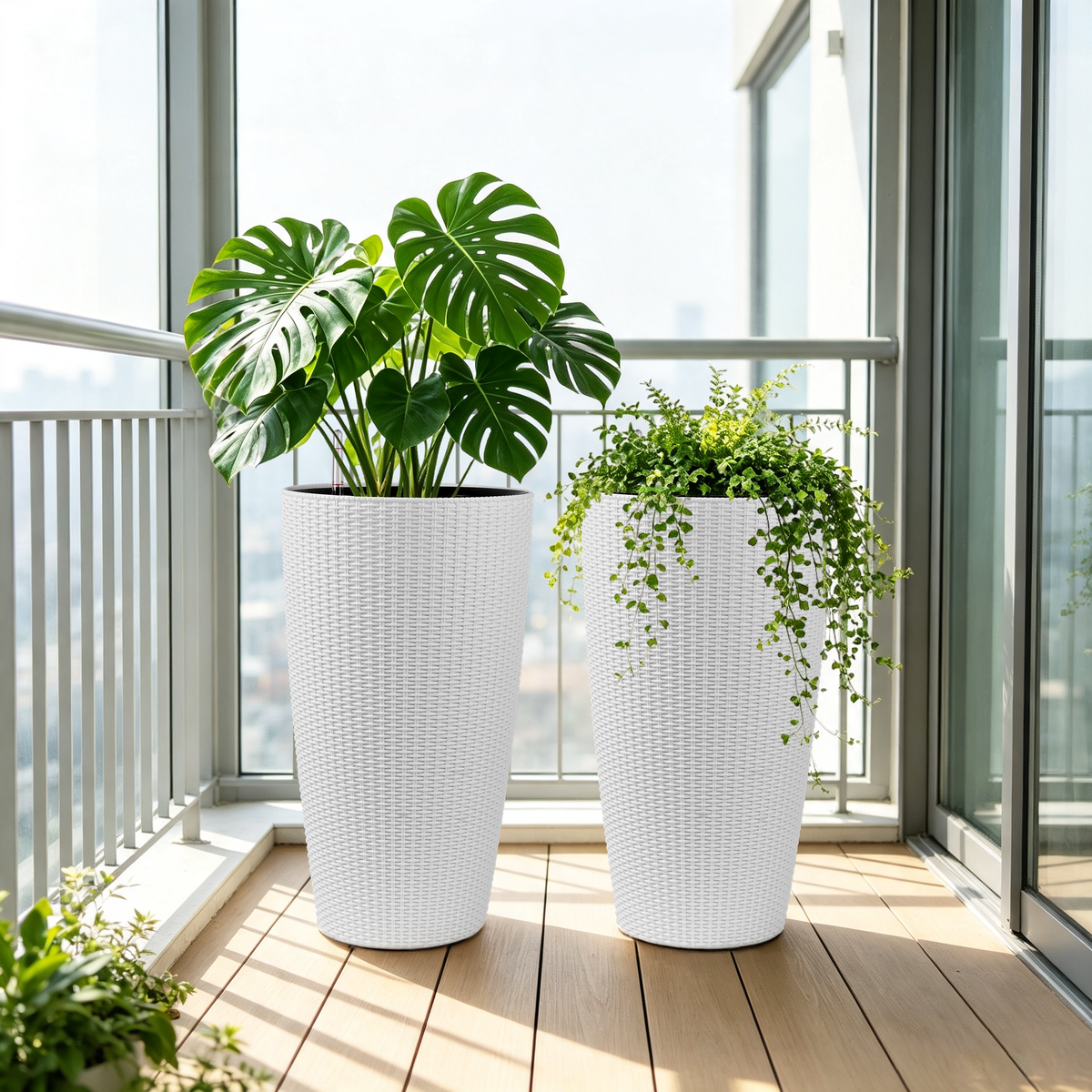 Set of 2 Faux Rattan Tall Planters - 22 inch