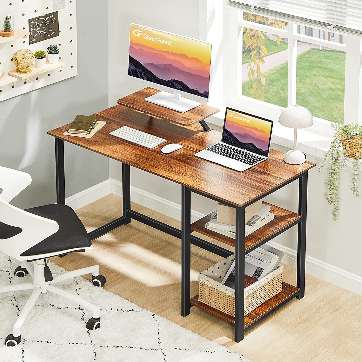 Computer Desk With Built In Monitor Stand And Storage Shelves