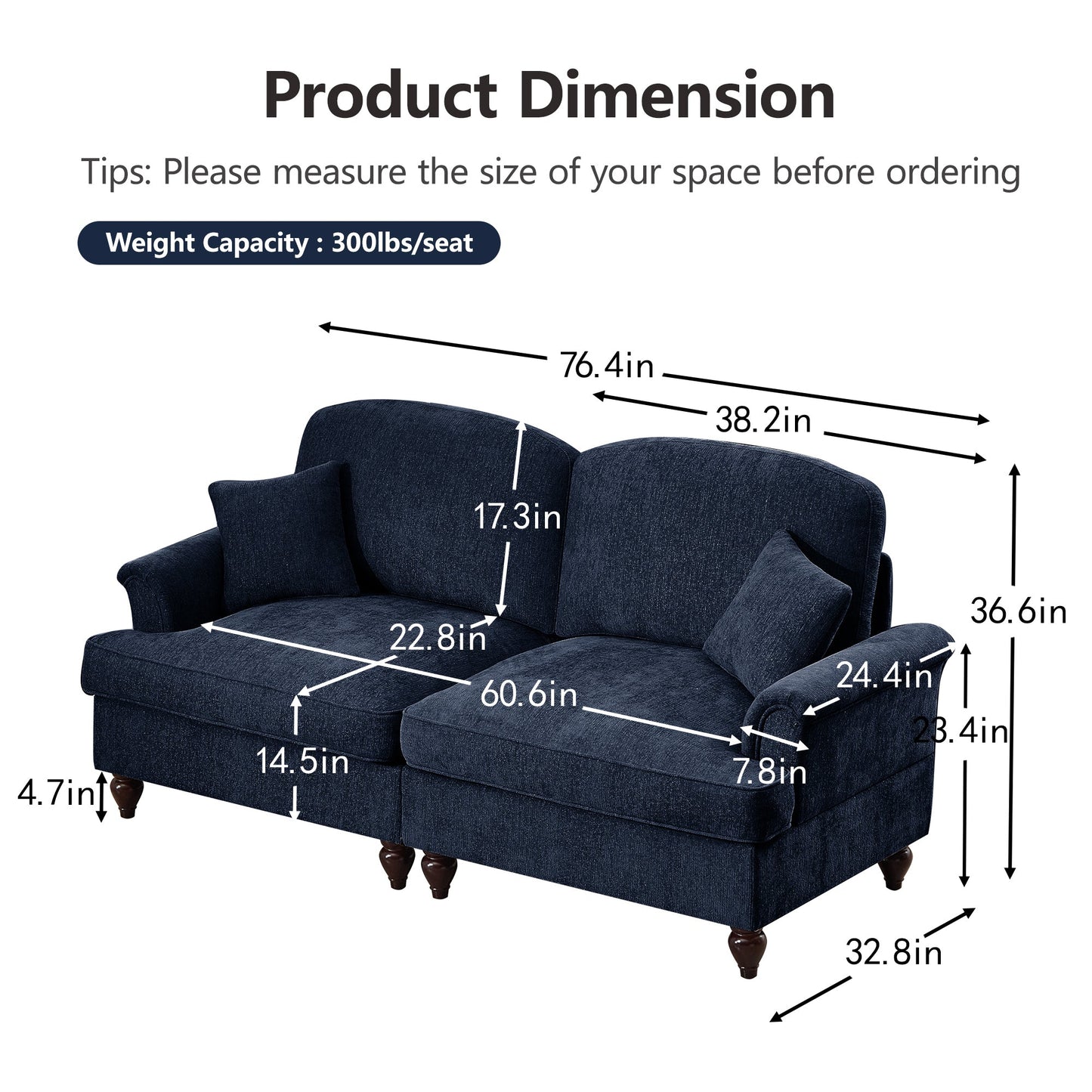 Classic 2 Piece Modular Couch Living Room Sofa Set with Flared Arms and Removable Ruffles Pleats Skirts and Spindle Legs, 3 Seater Sofa + 2-Seat Loveseat Sofa Sets for Living Room, Blue