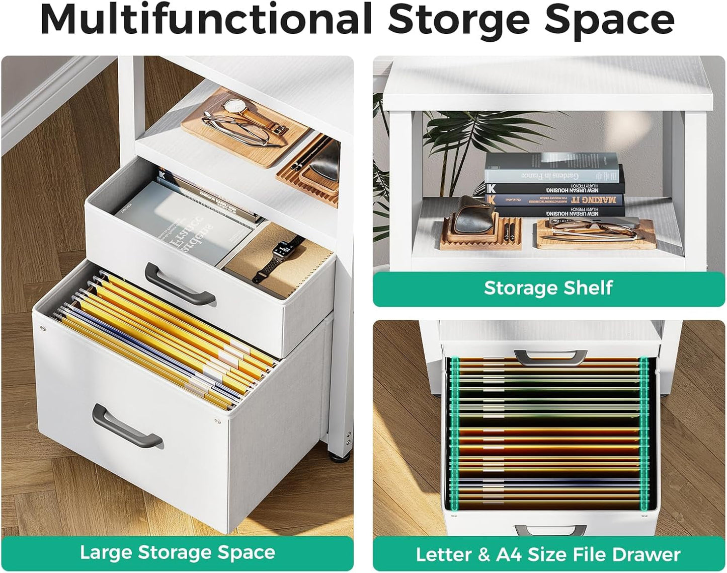 L Shaped Computer Desk 6 Drawers Power Outlet 55In White