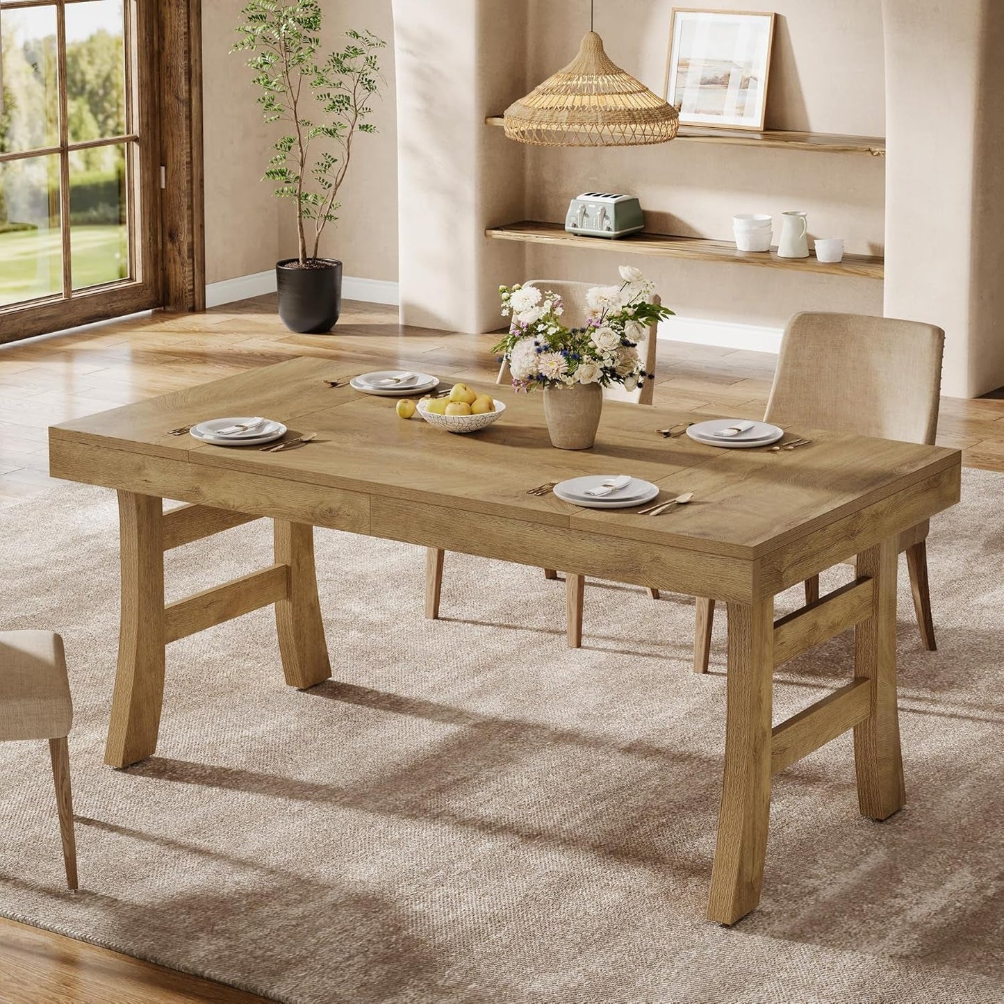 63 Inch Farmhouse Rectangular Wood Dining Table Kitchen