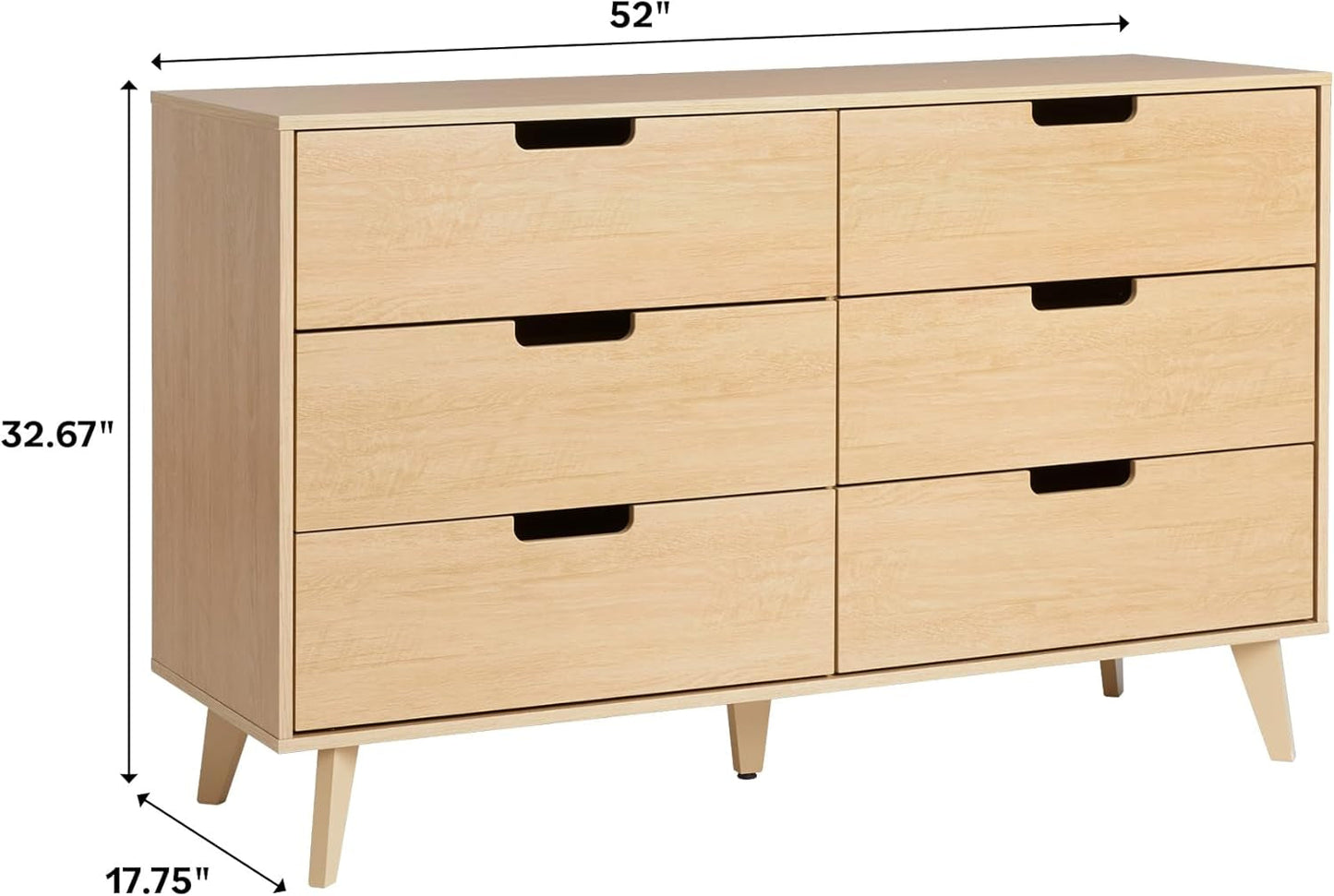 Mid-Century Modern 6-Drawer Dresser, 52 Inch Width