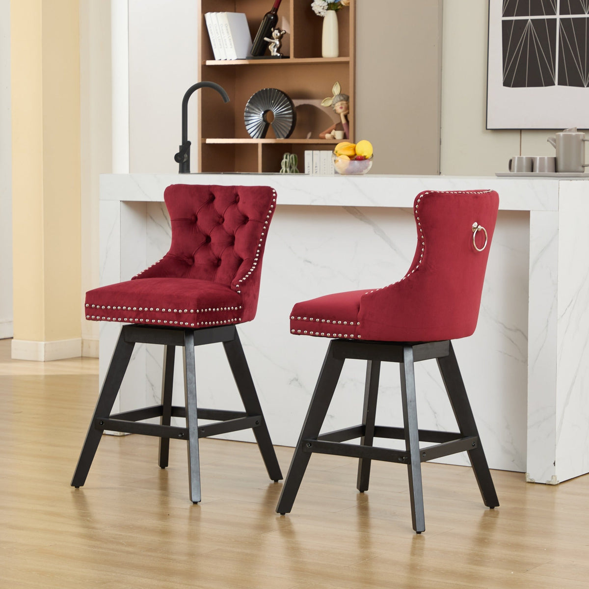 Swivel Velvet Barstools with Button Tufted Decoration
