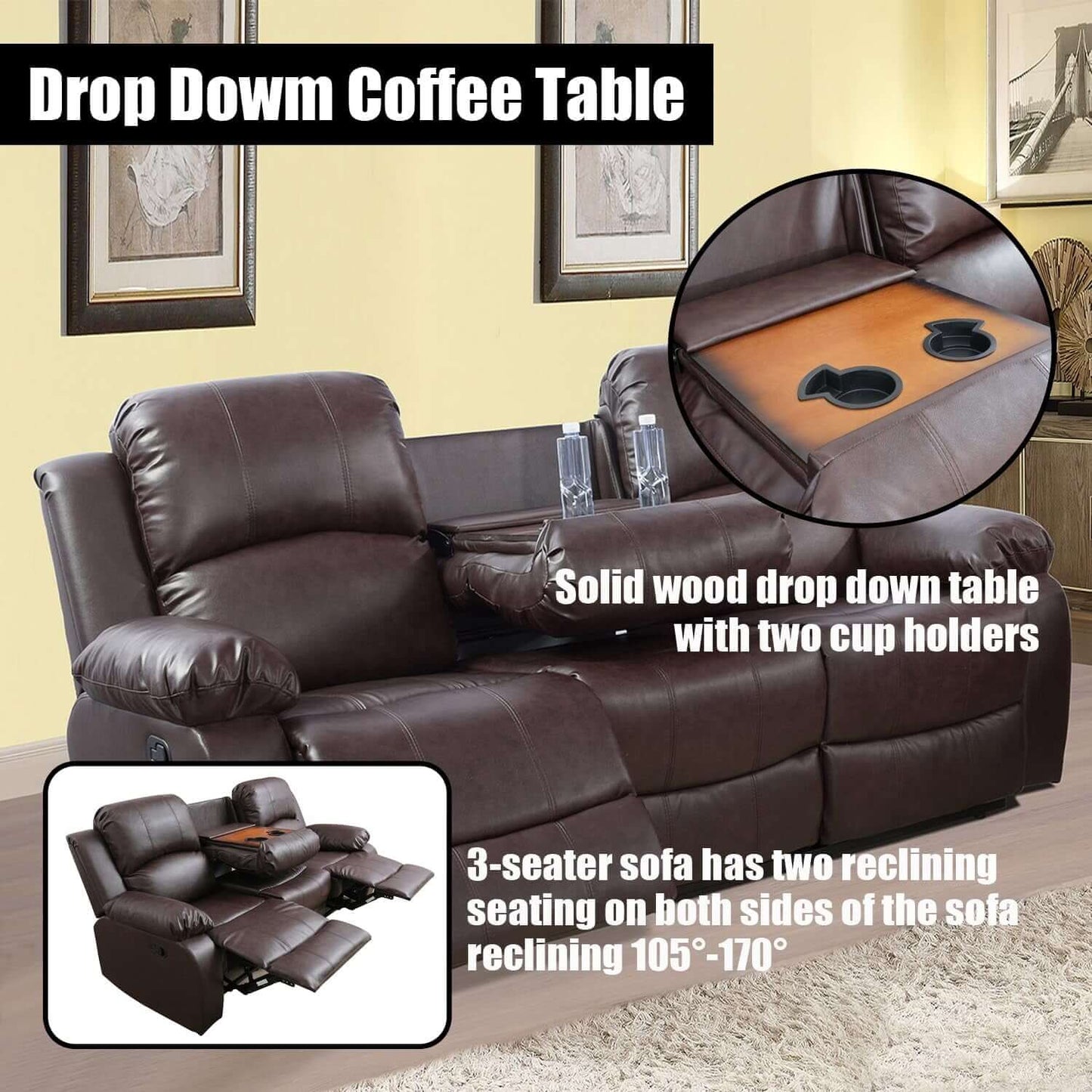 Brown Faux Leather Reclining Living Room Set Sofa Loveseat Chair with drop-down coffee table and cup holders.