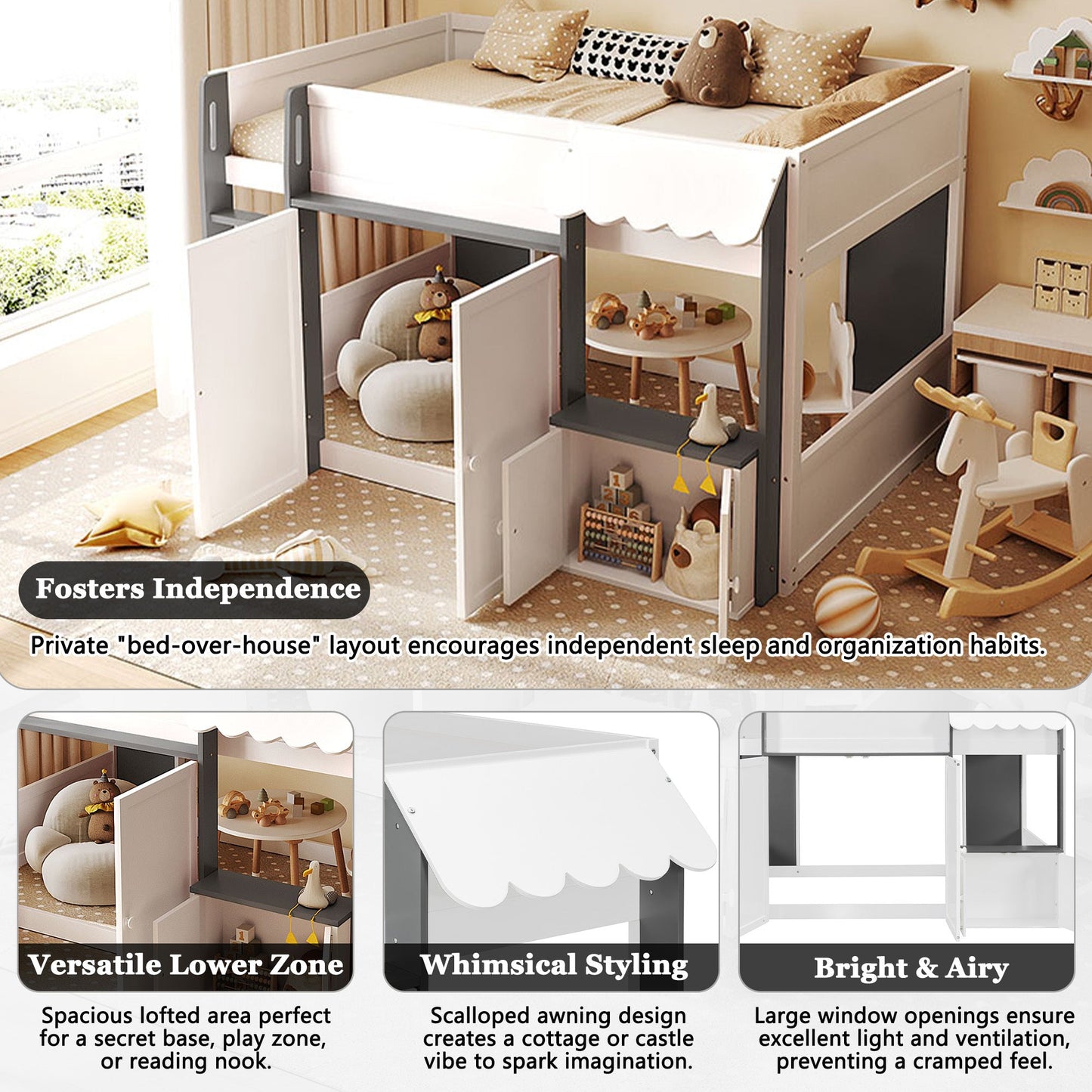Full Loft House Bed with Playhouse & Storage, Modern Wood Cabin Bed for Kids/Teens, White+Gray