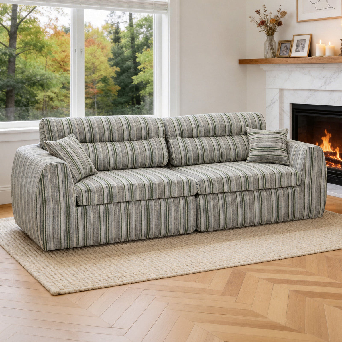 Woven Chenille Striped Compression Sofa - Straight Row Compact Couch