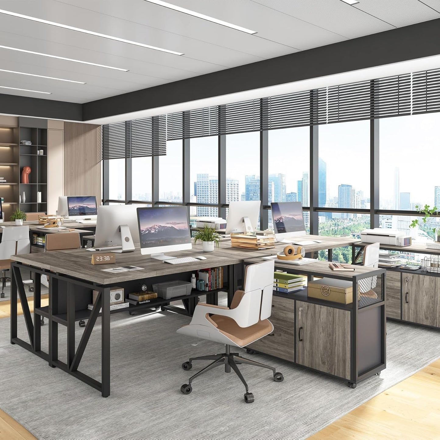 L Shaped Desk With Drawer Cabinet And Lateral File Cabinet 63 Inch Gray