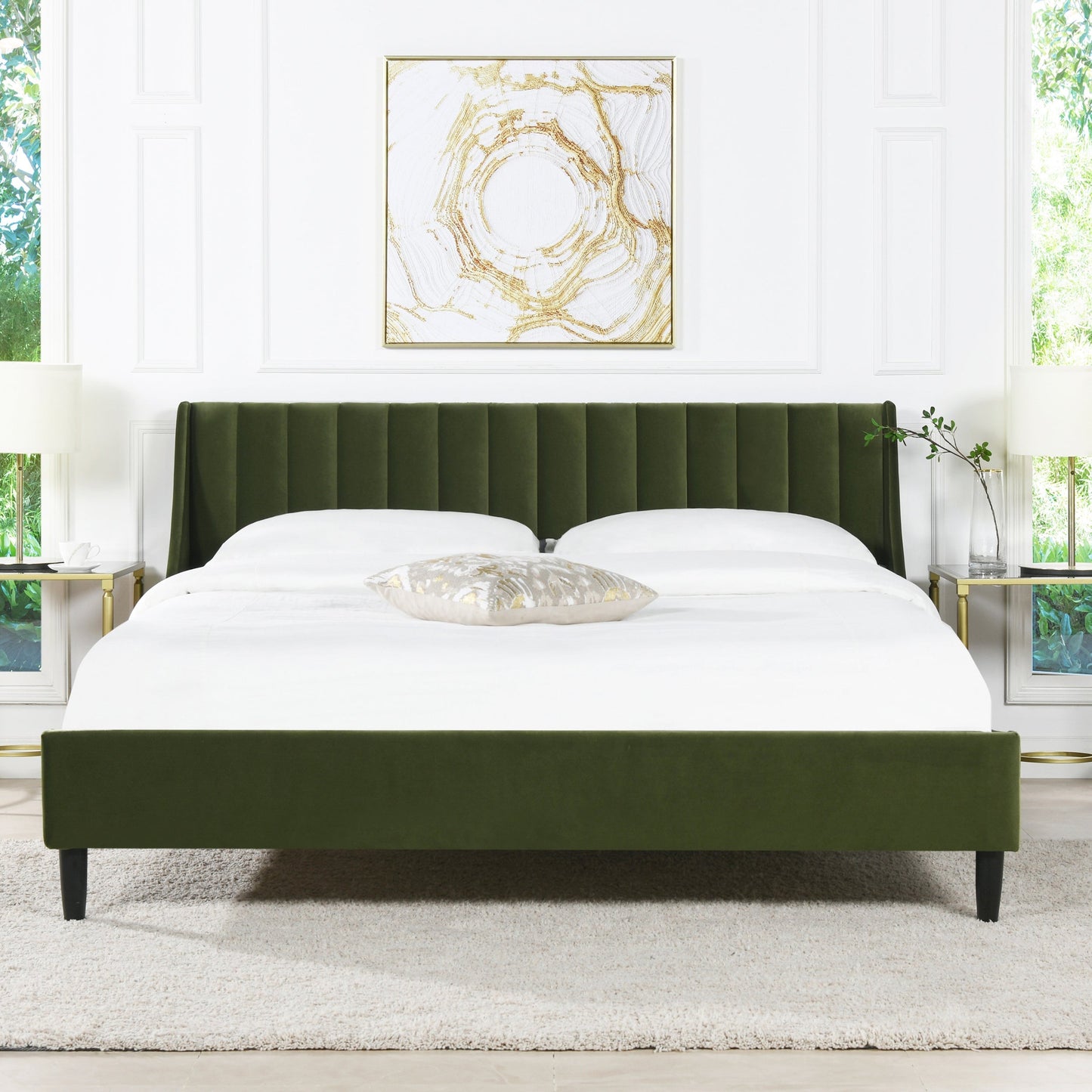 Aspen Vertical Tufted Headboard Platform Bed Set, King, Olive Green Performance Velvet