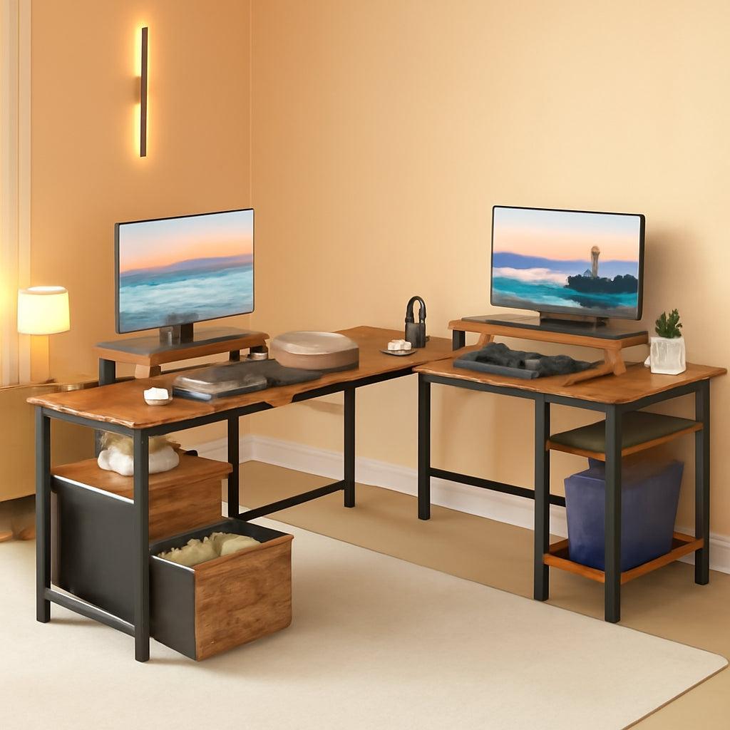 Industrial Grade Ultra Rustic Brown Fifty Nine Inch L Shaped Desk Power Outlet