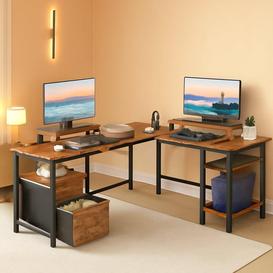 Industrial Grade Ultra Rustic Brown Fifty Nine Inch L Shaped Desk Power Outlet