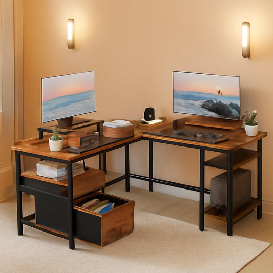 Fifty Nine Inch L Shaped Desk With Power Outlet And Storage Shelves