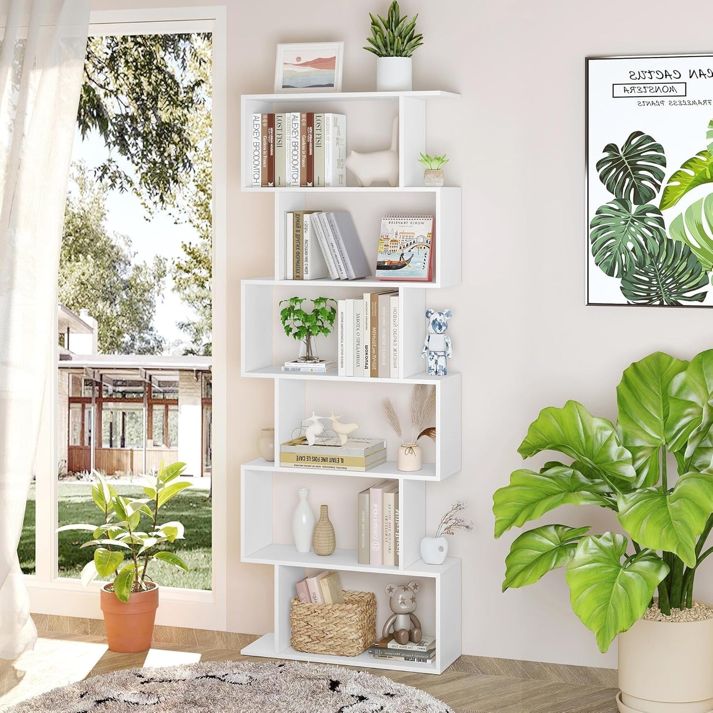 S Shaped Bookshelf White 6 Tier Display Bookcase Office