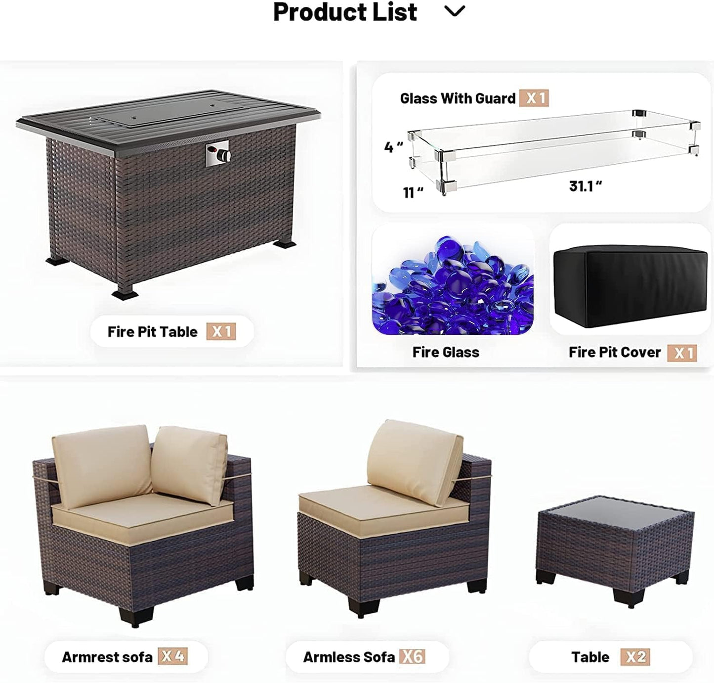 13 Piece Outdoor Patio Furniture Set with Fire Pit