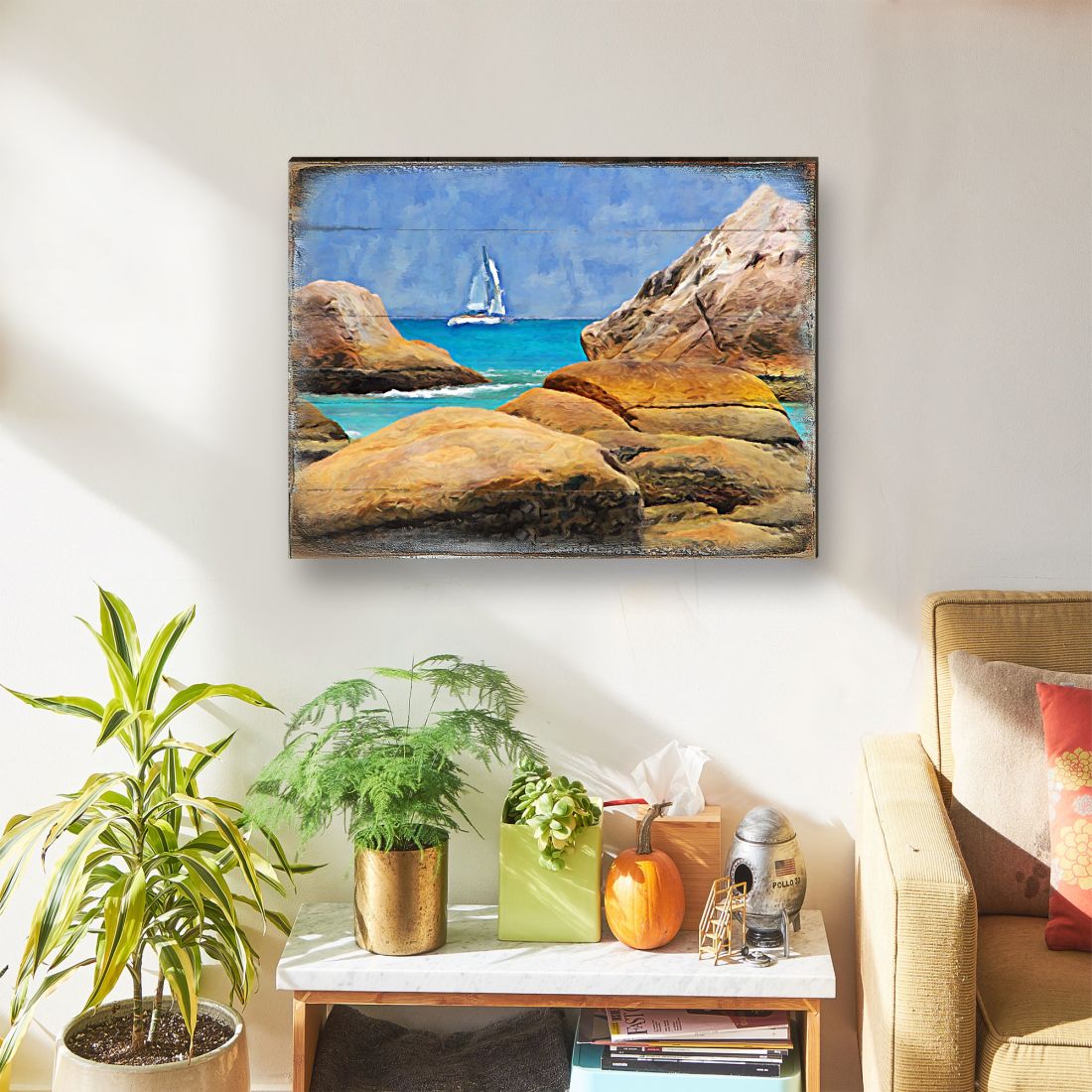 Sailboat on The Rocky Shore Wooden Coastal Wall Art by Nature Wonders - Coastal Sea-Life Decor - 95274B