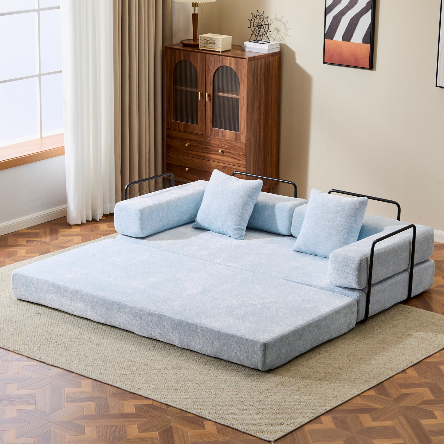 Light Blue Chenille Convertible Floor Couch