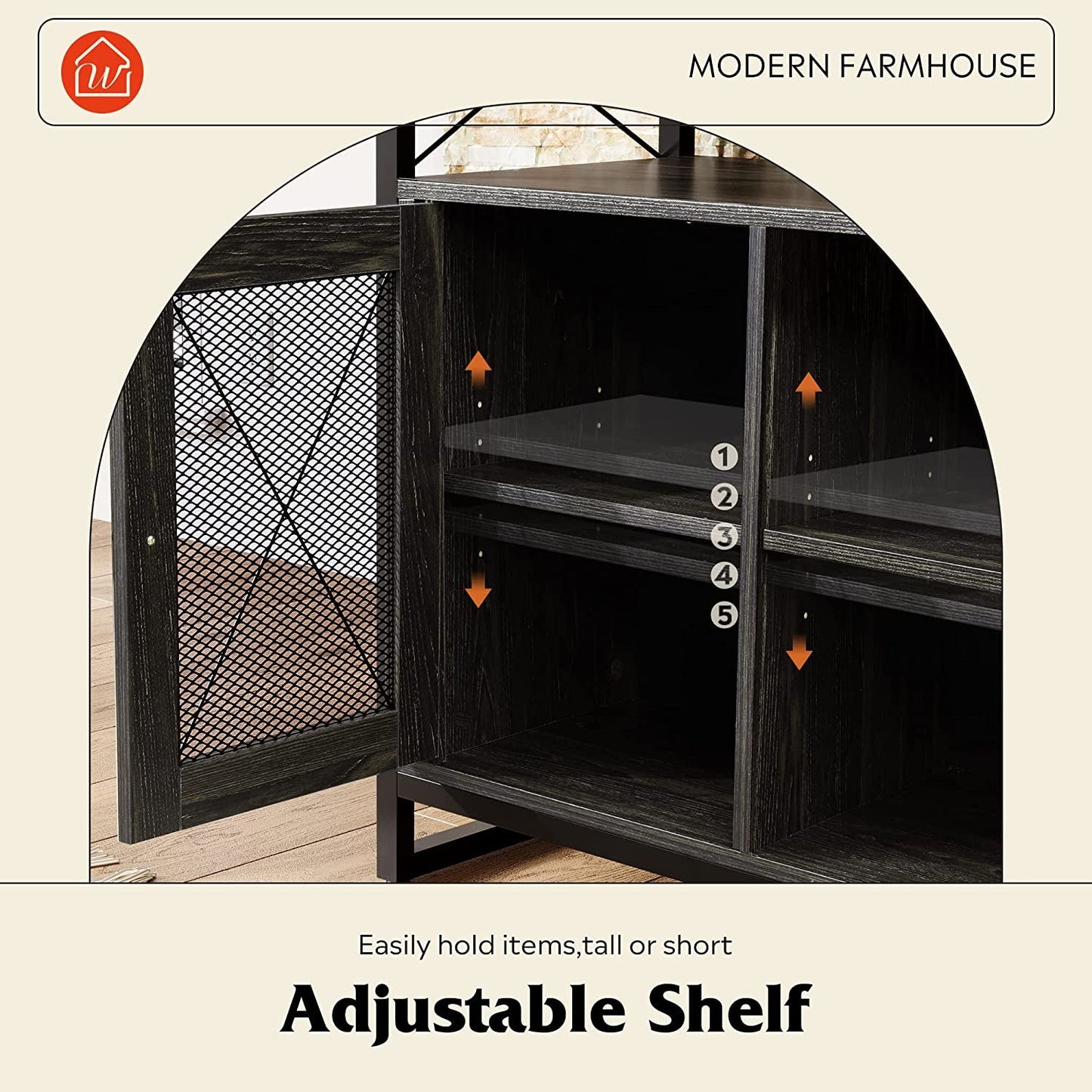 55 Inch TV Stand With Storage Console Industrial Farmhouse Adjustable shelf for versatile storage and organization.
