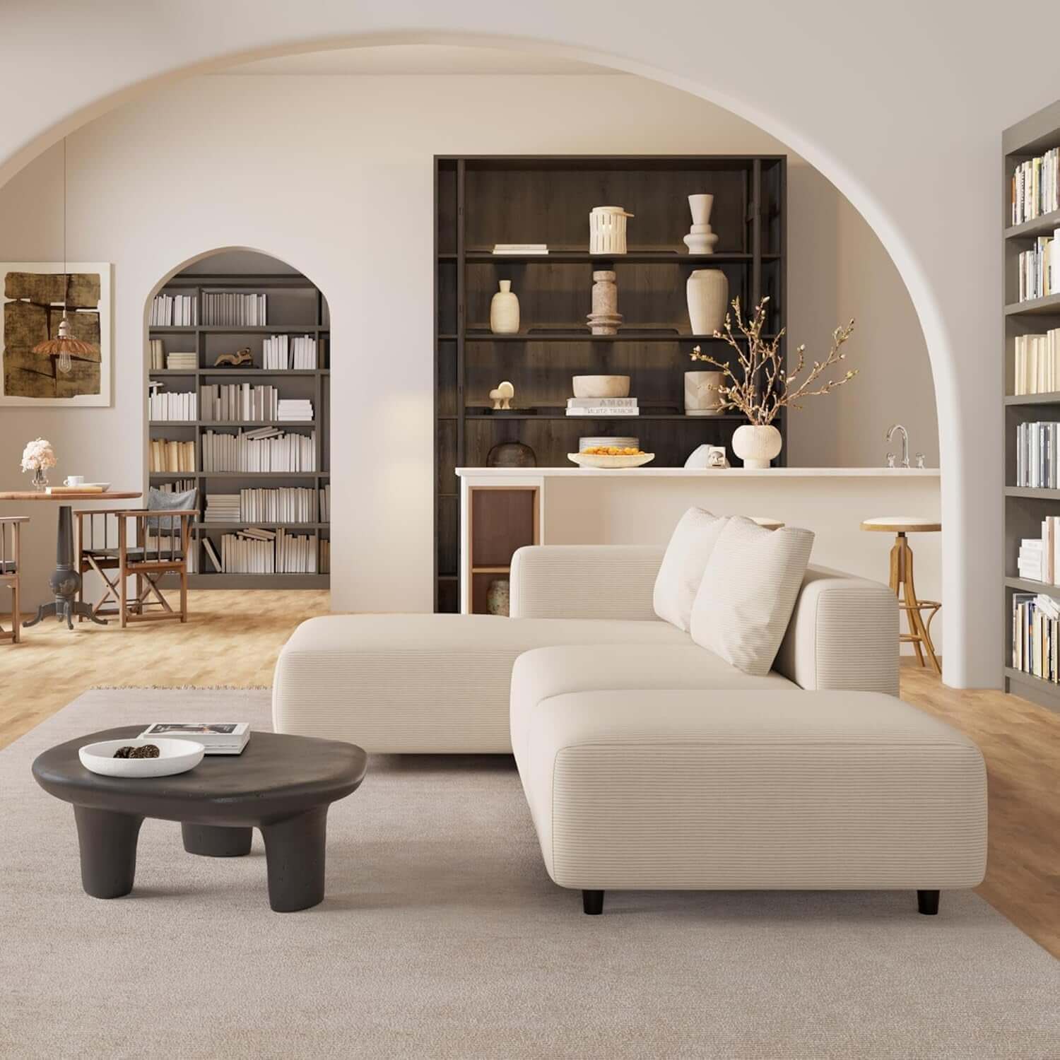 Soft Corduroy Sectional Sofa Set L Shaped Cream Modular in a modern living room setting