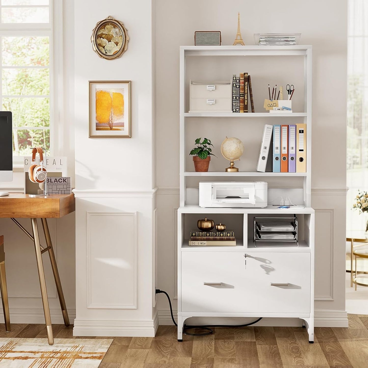 White Printer Stand With Locking File Cabinet And Charging Station