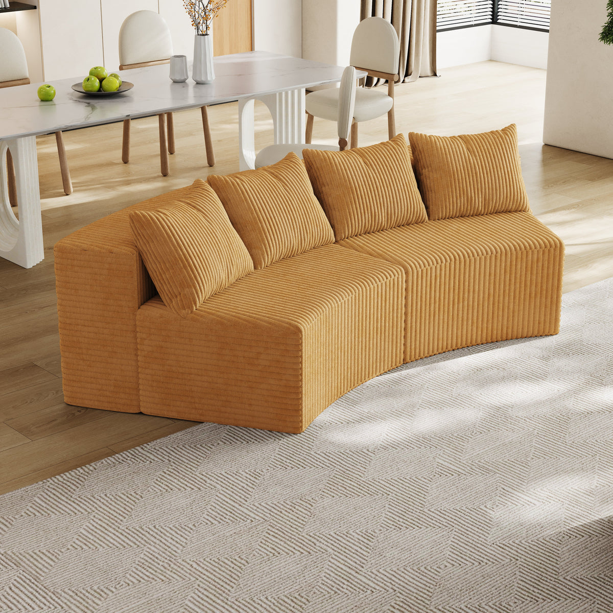 Corduroy Curved Sectional Sofa with Four Pillows