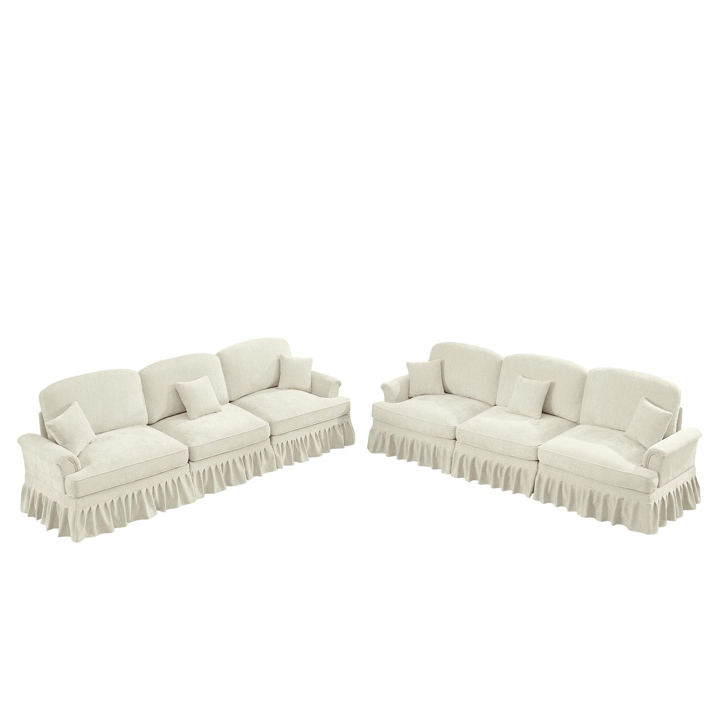 Classic 2 Piece Modular Couch Living Room Sofa Set with Flared Arms and Removable Ruffles Pleats Skirts and Spindle Legs, 3 Seater Sofa +3-Seat Loveseat Sofa Sets for Living Room, Beige White