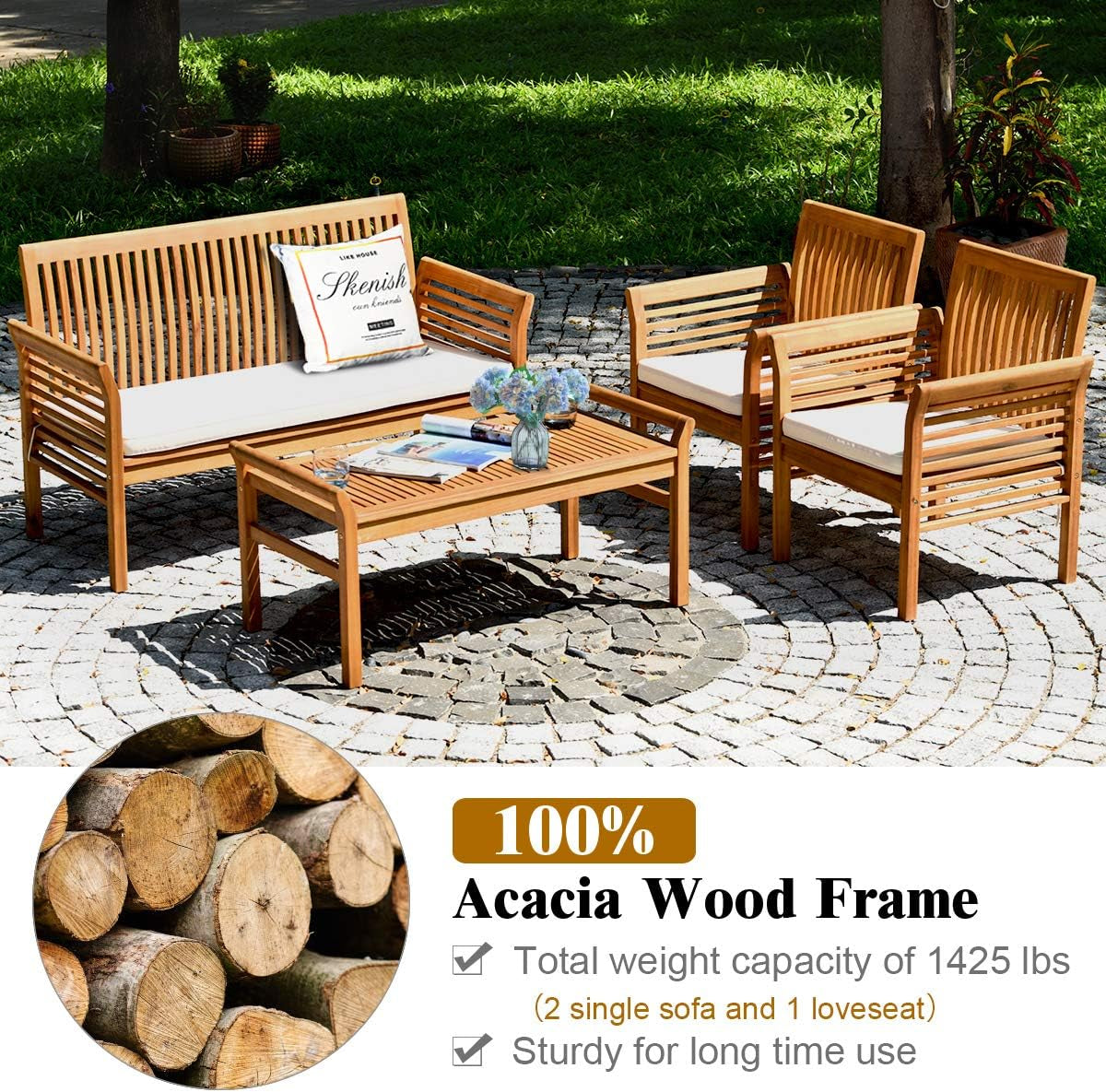 Outdoor Acacia Wood 4 Piece Sofa Set With Water Resistant Cushions Coffee Table
