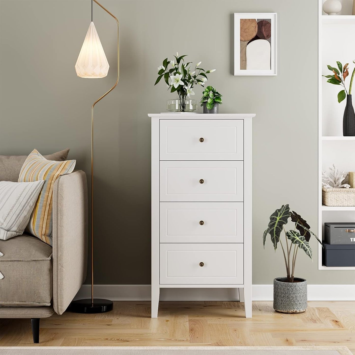 White Antique Four Drawer Dresser With Hardwood Storage