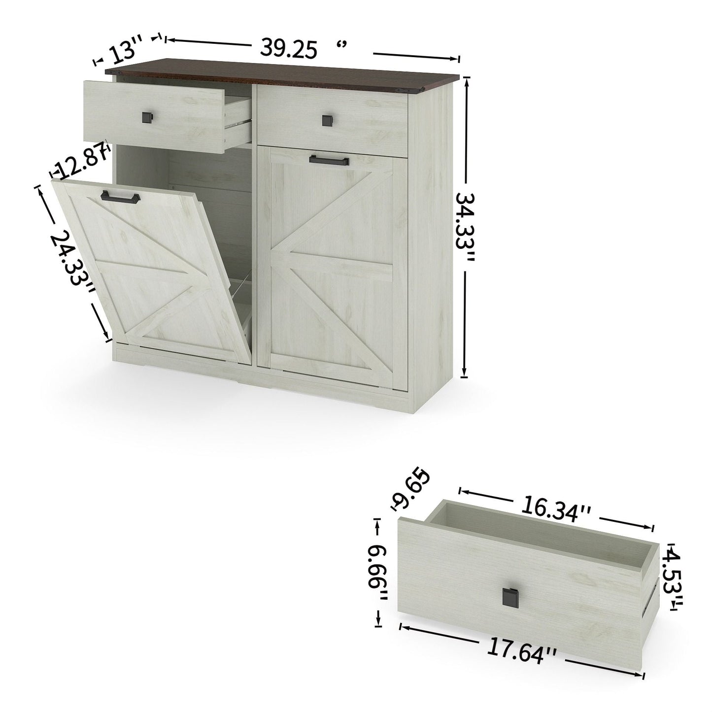 Double Tilt-Out Trash Cabinet With Hideaway Drawer and Barn Door Style