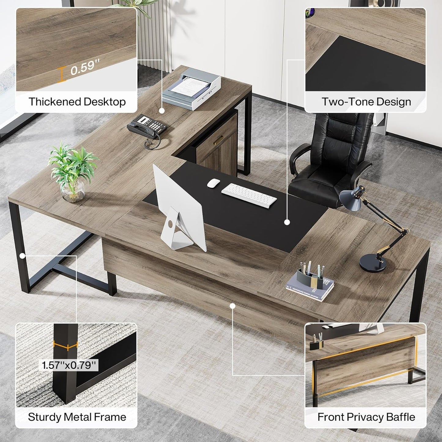 Extra Large L Shaped Executive Desk Retro Gray Drawer Cabinet