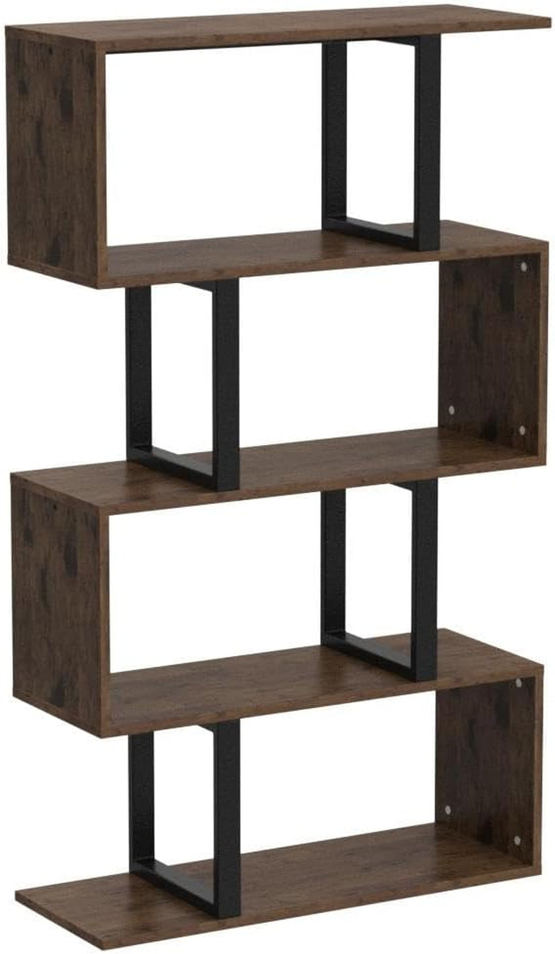 S Shaped 5 Tier Bookshelf Bookcase In Retro Brown Finish