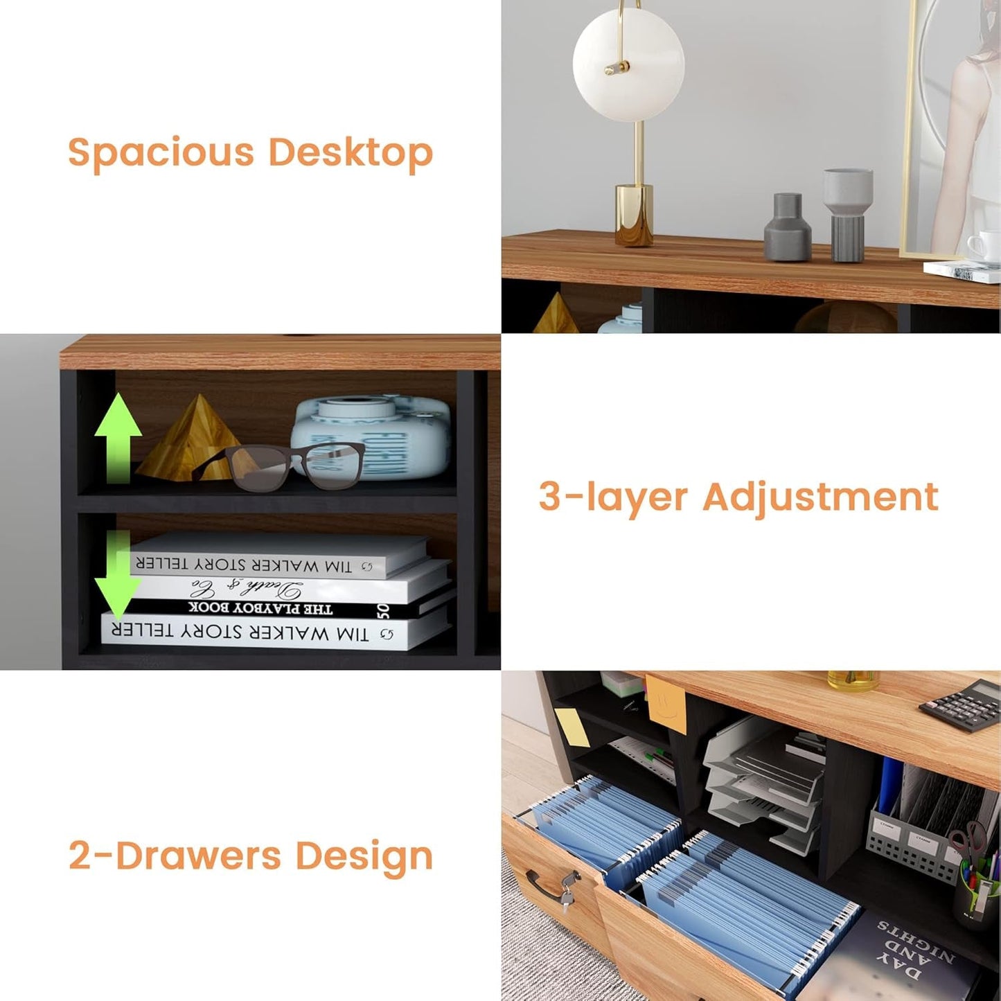 Wooden 2 Drawer File Cabinet Lockable Rolling with Adjustable Shelves Rustic Brown and Black