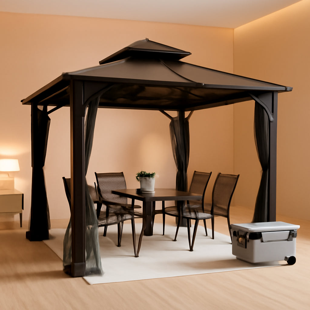 10x12 Brown Hardtop Gazebo With Steel Frame And Netting For Outdoor Patio Garden Canopy Shelter